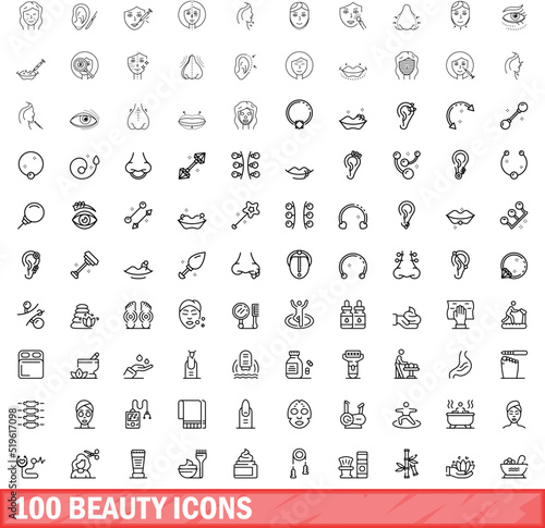 100 beauty icons set. Outline illustration of 100 beauty icons vector set isolated on white background