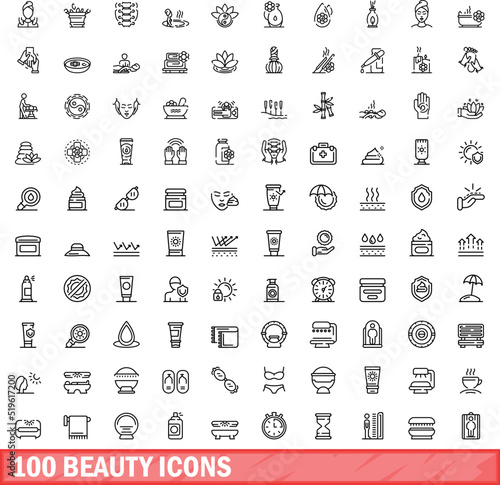 100 beauty icons set. Outline illustration of 100 beauty icons vector set isolated on white background