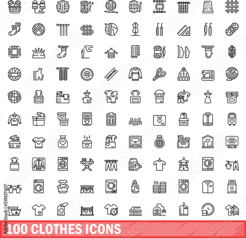 100 clothes icons set. Outline illustration of 100 clothes icons vector set isolated on white background