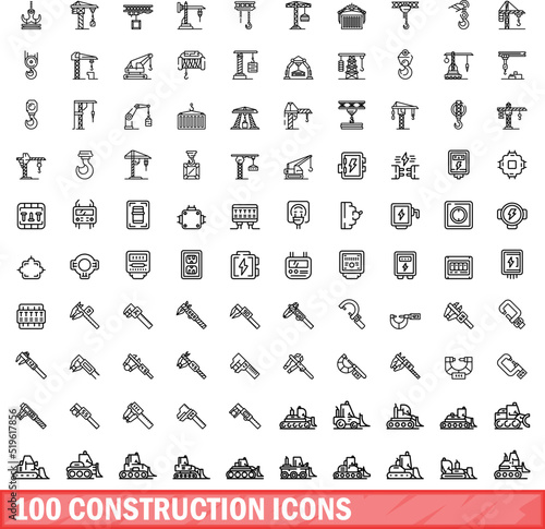 100 construction icons set. Outline illustration of 100 construction icons vector set isolated on white background