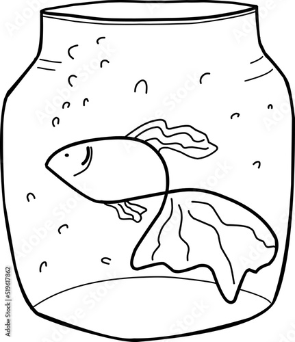 Fish in the aquarium Illustration. Hand-drawn doodles illustration.
Line art.