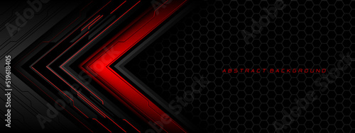 Abstract red grey metal black cyber circuit futuristic technology geometric on hexagon mesh design modern background vector