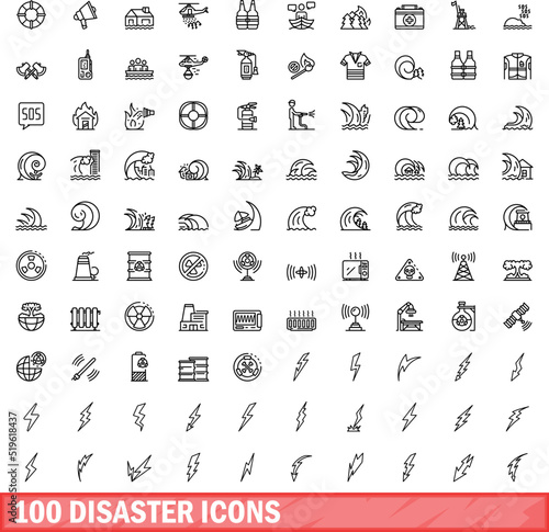100 disaster icons set. Outline illustration of 100 disaster icons vector set isolated on white background