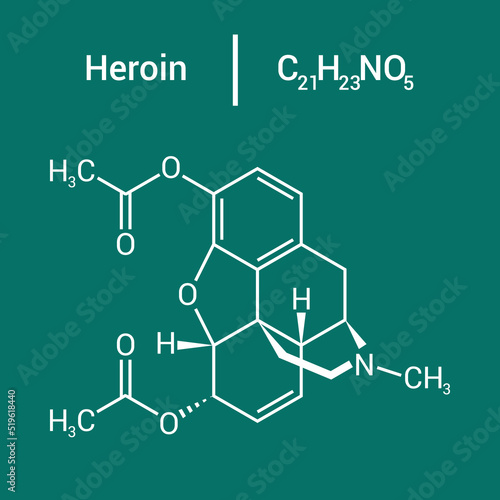 chemical structure of Heroin or diacetylmorphine or diamorphine (C21H23NO5)