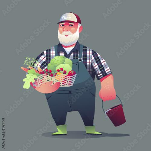 The farmer with a bunch of vegetables.