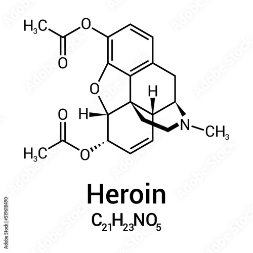 chemical structure of Heroin or diacetylmorphine or diamorphine (C21H23NO5)