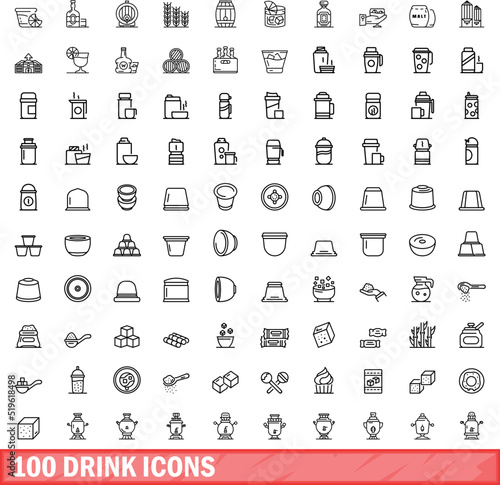 100 drink icons set. Outline illustration of 100 drink icons vector set isolated on white background