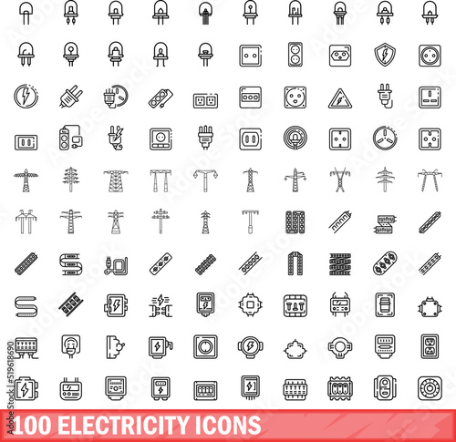 100 electricity icons set. Outline illustration of 100 electricity icons vector set isolated on white background