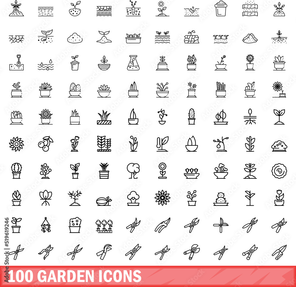 Obraz premium 100 garden icons set. Outline illustration of 100 garden icons vector set isolated on white background