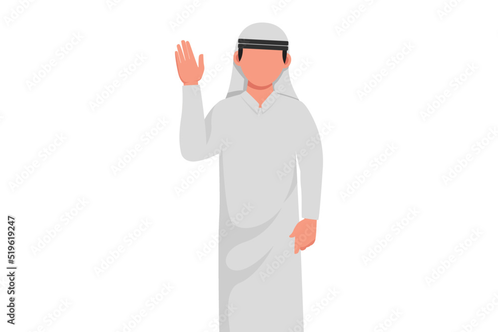 Business design drawing Arab businessman showing palm as stop sign, stay, hold or rejection gesture. Male manager gesturing emotion and body language concept. Flat cartoon style vector illustration Business design drawing Arab businessman showing palm as stop sign, stay, hold or rejection gesture. Male manager gesturing emotion and body language concept. Flat cartoon style vector illustration