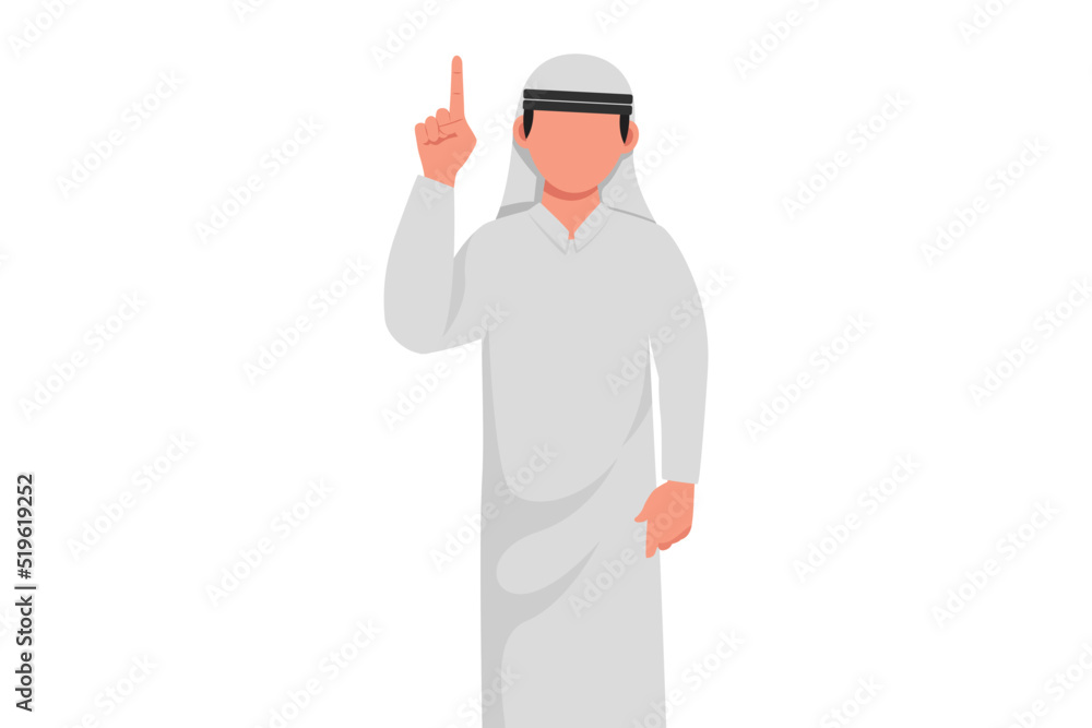 Business flat drawing of young Arabian businessman pointing up finger symbol. Male manager finger index up gesture. Emotion and body language. Cartoon style draw graphic design vector illustration Business flat drawing of young Arabian businessman pointing up finger symbol. Male manager finger index up gesture. Emotion and body language. Cartoon style draw graphic design vector illustration