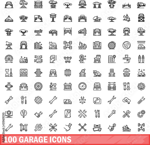 100 garage icons set. Outline illustration of 100 garage icons vector set isolated on white background