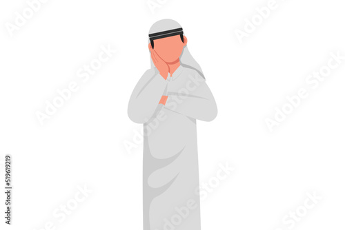 Business design drawing Arabian businessman holding hand on cheek with crossed hand. Bored or tired person keeping hand on face. Male suffering from toothache. Flat cartoon style vector illustration