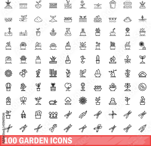 100 garden icons set. Outline illustration of 100 garden icons vector set isolated on white background