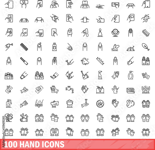 100 hand icons set. Outline illustration of 100 hand icons vector set isolated on white background