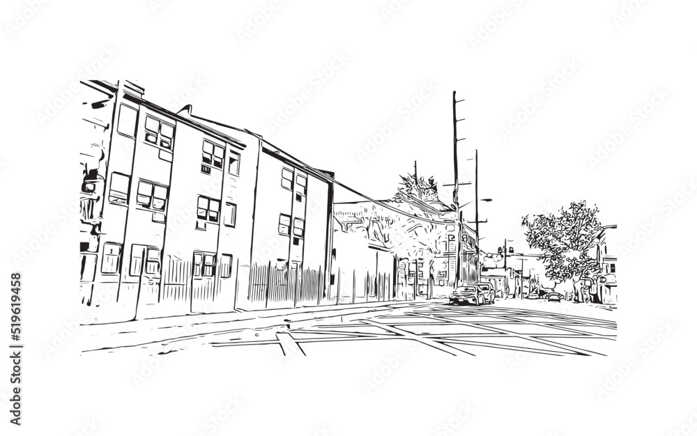 Building view with landmark of Newark is the 
city in New Jersey. Hand drawn sketch illustration in vector.