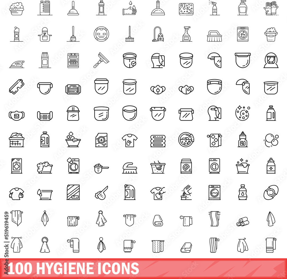100 hygiene icons set. Outline illustration of 100 hygiene icons vector set isolated on white background 100 hygiene icons set. Outline illustration of 100 hygiene icons vector set isolated on white background