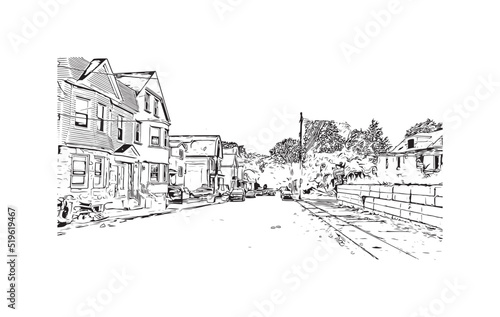 Building view with landmark of Newark is the 
city in New Jersey. Hand drawn sketch illustration in vector.