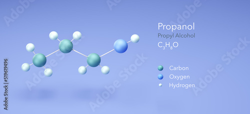 Fototapeta Naklejka Na Ścianę i Meble -  propanol, propyl alcohol. Molecular structure 3d rendering, Structural Chemical Formula and Atoms with Color Coding, 3d rendering