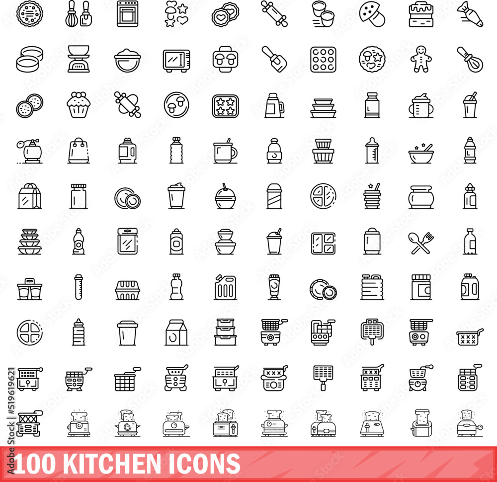 100 kitchen icons set. Outline illustration of 100 kitchen icons vector set isolated on white background 100 kitchen icons set. Outline illustration of 100 kitchen icons vector set isolated on white background