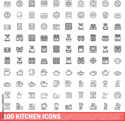 100 kitchen icons set. Outline illustration of 100 kitchen icons vector set isolated on white background