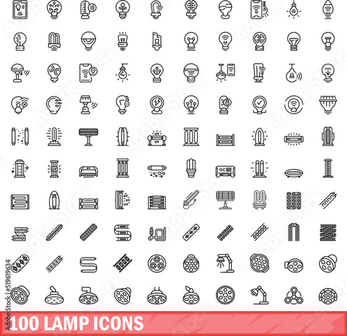 100 lamp icons set. Outline illustration of 100 lamp icons vector set isolated on white background