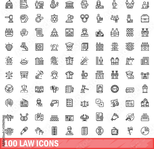 100 law icons set. Outline illustration of 100 law icons vector set isolated on white background