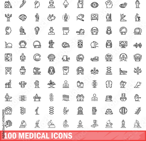 100 medical icons set. Outline illustration of 100 medical icons vector set isolated on white background