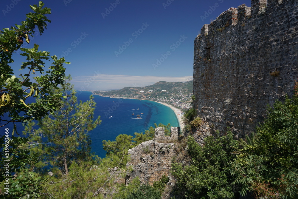 The walls of Alanya Castle and Cleopatra beach from the hill, Alanya Antalya Turkey