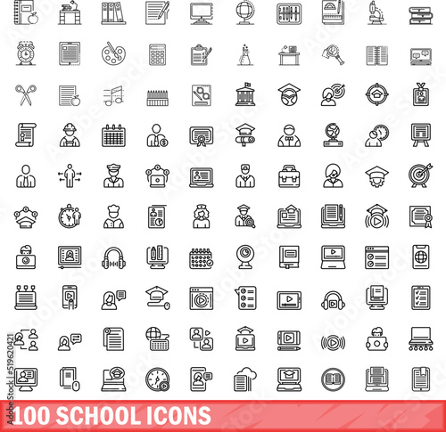 100 school icons set. Outline illustration of 100 school icons vector set isolated on white background