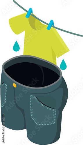 Drying linen icon isometric vector. Wet tshirt on clothesline and denim breeches. Laundry, drying, household