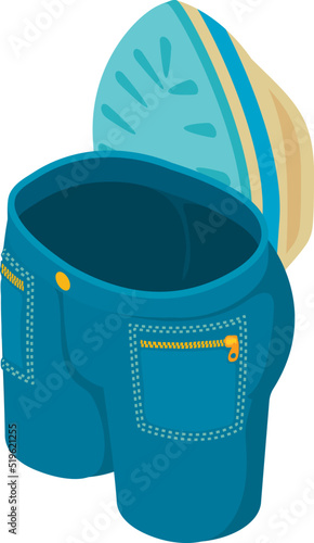 Jeans ironing icon isometric vector. Dark blue clean cropped jeans, clothes iron. Laundry, dry cleaning, clothes ironing