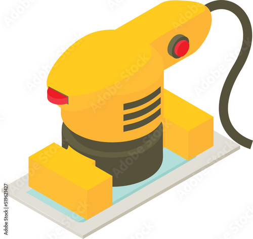 Electric tool icon isometric vector. Yellow sheet sander on work surface icon. Carpenter electric tool, sanding, construction and repair work
