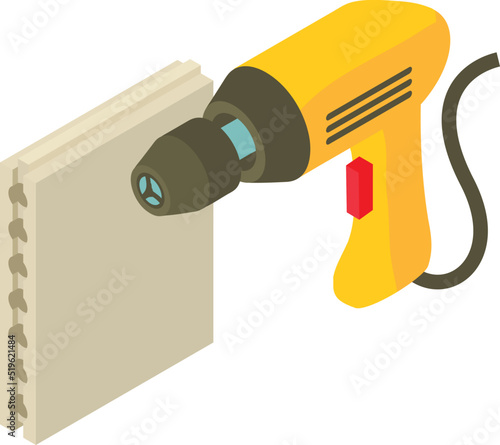 Repair equipment icon isometric vector. Yellow electric drill and drywall panel. Electric tool, construction and repair work