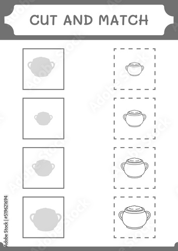 Cut and match parts of Cauldron, game for children. Vector illustration, printable worksheet