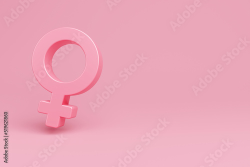 Female gender icon on isolated pink background. Venus symbol, women, stereotype, symbol for a female organism or woman, Paper art style, 3d rendering.