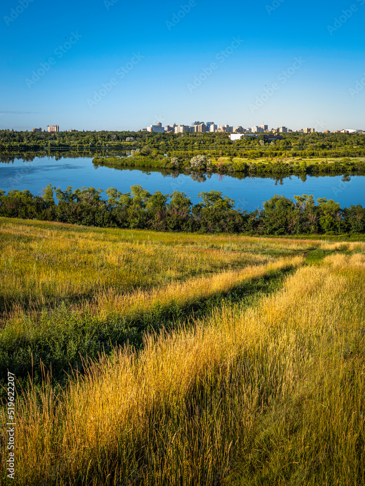 Fototapeta premium Habitat Conservation Area and Cityscape at sunrise over Wascana Lake and Prairie in Regina, Saskatchewan, Canada
