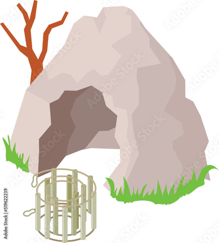 Speleological equipment icon isometric vector. Cave entrance and caving ladder. Caving equipment, spelunking