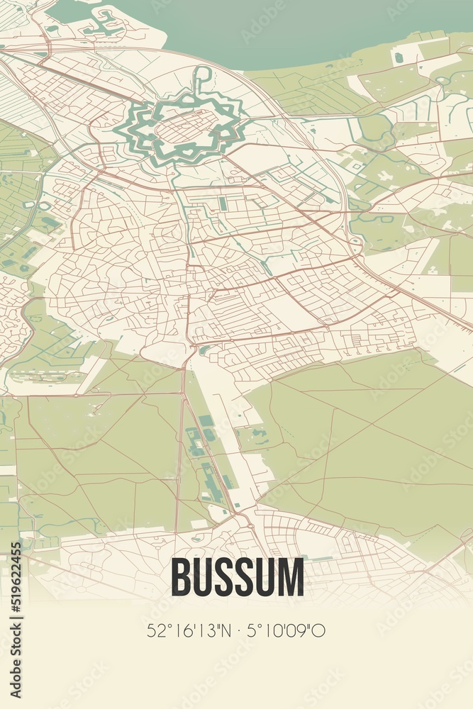 Bussum, Noord-Holland, Gooi region vintage street map. Retro Dutch city plan.