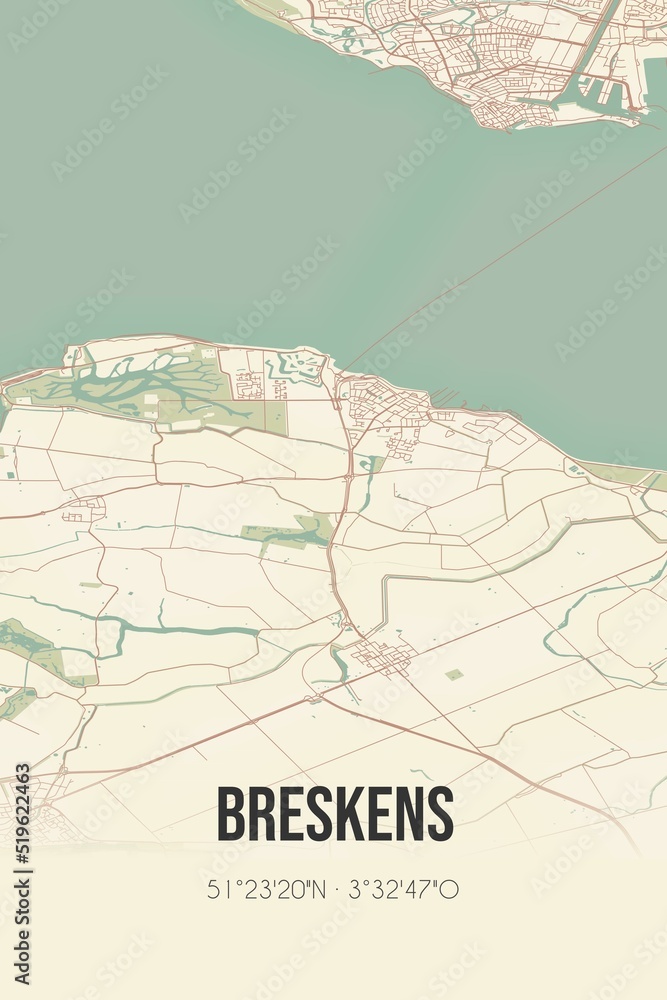 Obraz premium Breskens, Zeeland vintage street map. Retro Dutch city plan.