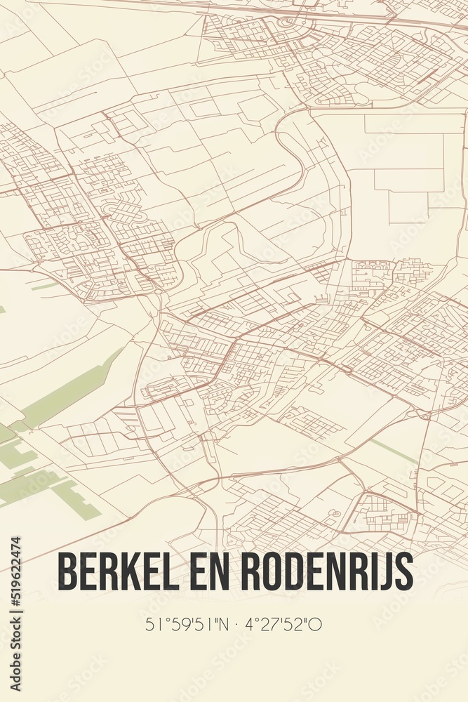 Berkel en Rodenrijs, Zuid-Holland, Randstad region vintage street map. Retro Dutch city plan.
