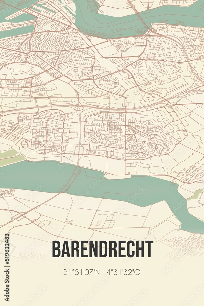 Obraz premium Barendrecht, Zuid-Holland vintage street map. Retro Dutch city plan.