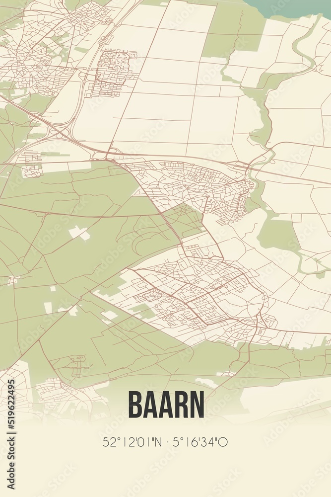Baarn, Utrecht, Gooi region vintage street map. Retro Dutch city plan.