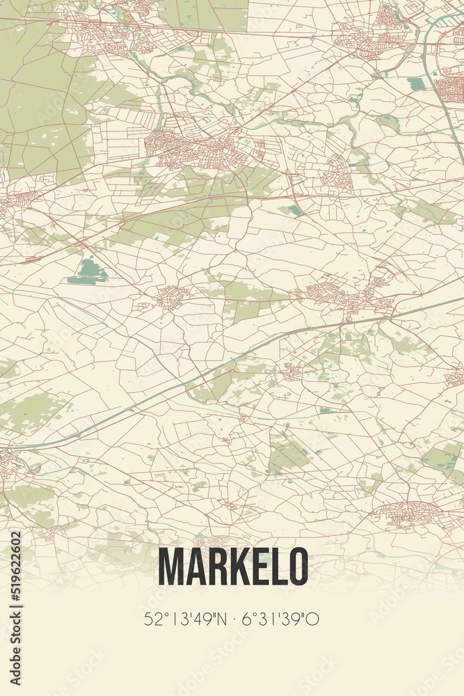 Markelo, Overijssel, Twente region vintage street map. Retro Dutch city plan.