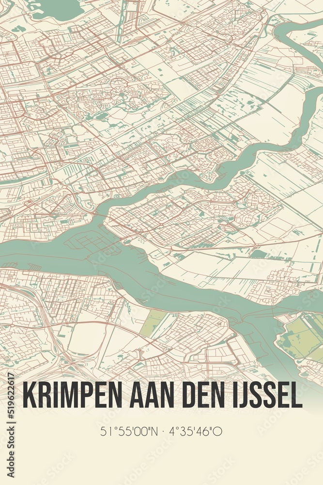 Krimpen aan den IJssel, Zuid-Holland vintage street map. Retro Dutch city plan.