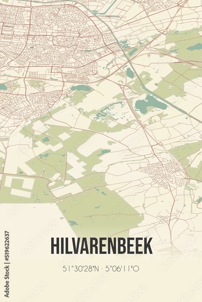 Hilvarenbeek, Noord-Brabant vintage street map. Retro Dutch city plan.