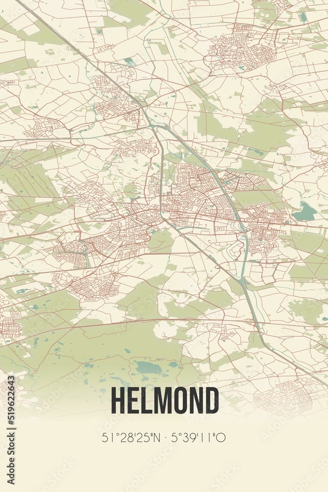 Helmond, Noord-Brabant, Peel region vintage street map. Retro Dutch city plan.