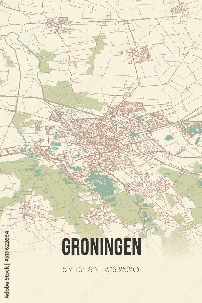 Obraz premium Groningen, Groningen vintage street map. Retro Dutch city plan.