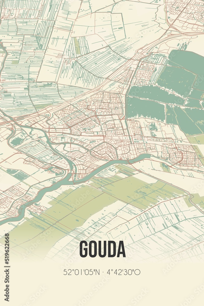 Gouda, Zuid-Holland vintage street map. Retro Dutch city plan.