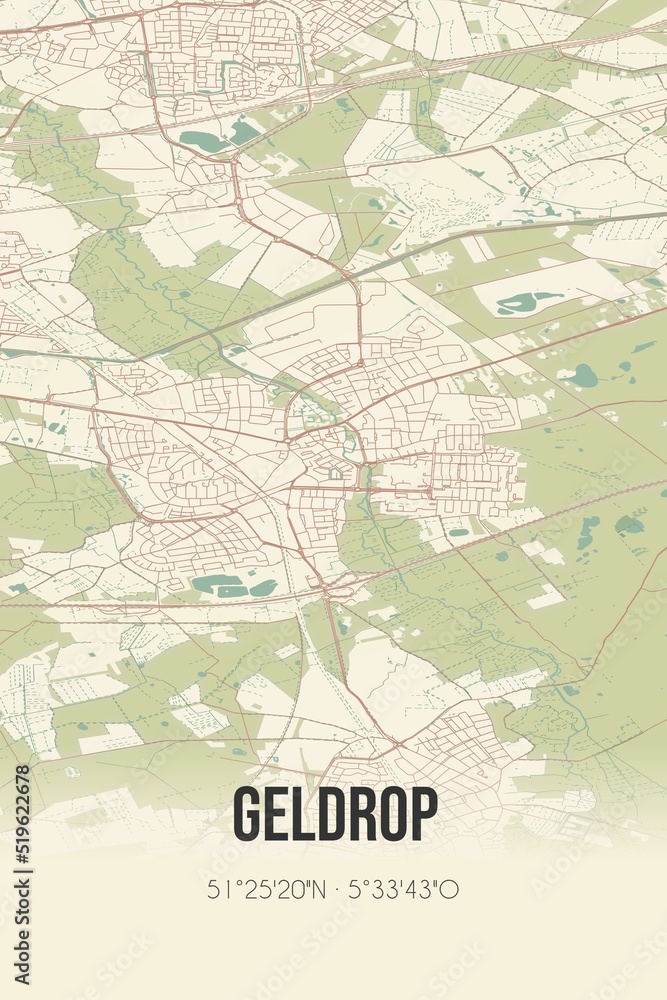 Geldrop, Noord-Brabant vintage street map. Retro Dutch city plan.
